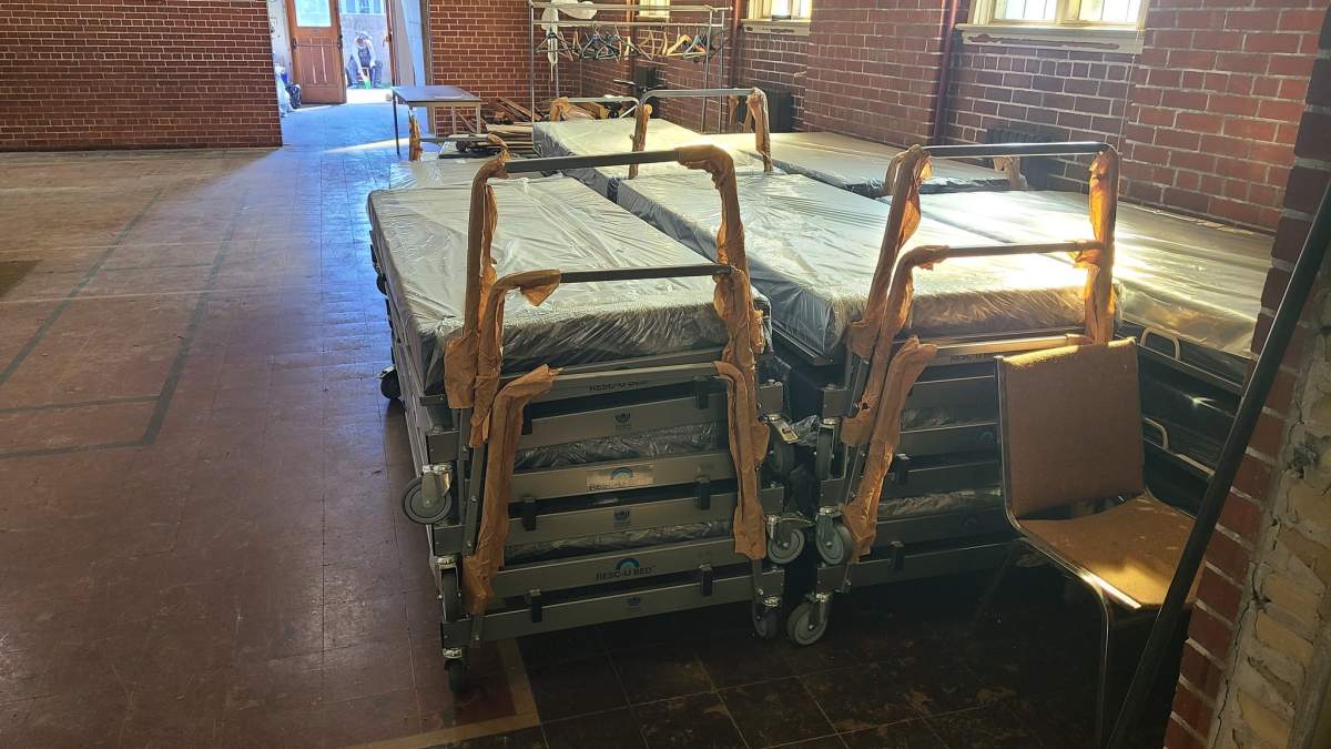 Cots at the former Trinity United Church for the drop-in site and overnight shelter to be run by One City Peterborough.