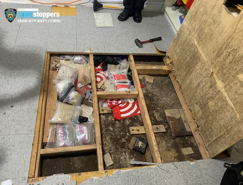 Photo of fentanyl and other narcotics stored under the floor of a daycare in New York.