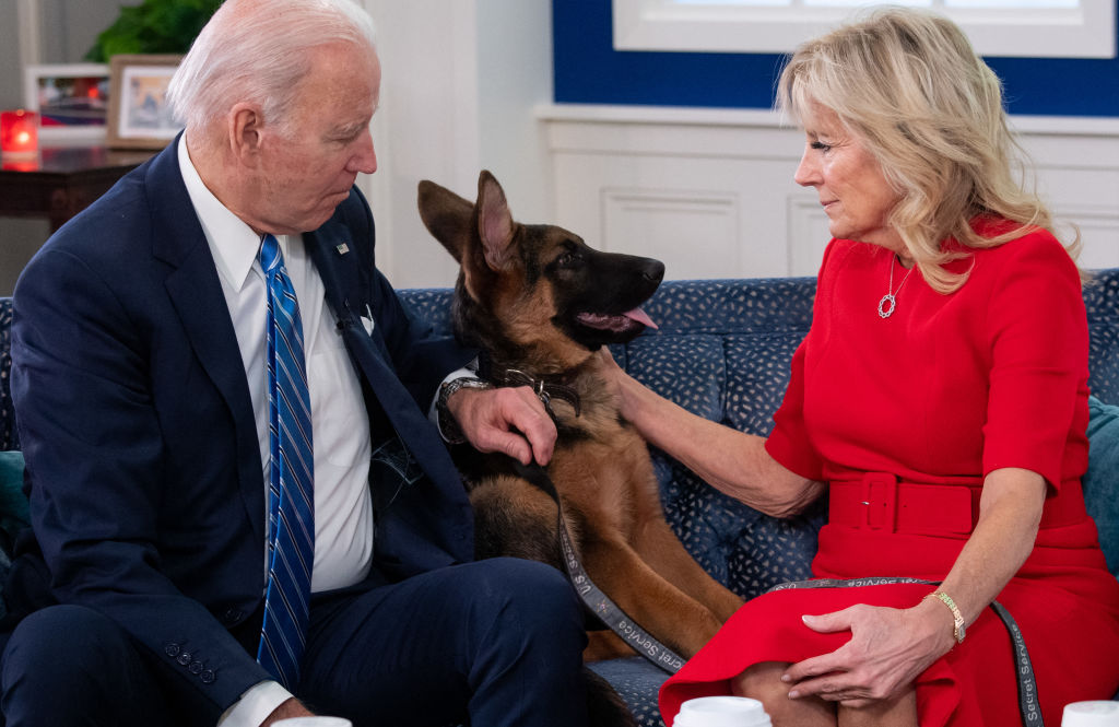 U.S. President Joe Biden and U.S. First Lady Jill Biden, look at their new dog Commander, after speaking virtually with military service members to thank them for their service and wish them a Merry Christmas, in 2021.