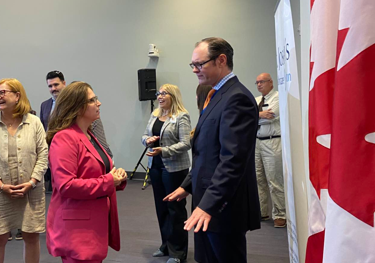 The honourable Ya’ara SaksMinister of Mental Health and Addictions and Associate Minister of Health talks with Professor James MacKillop of McMaster University’s Psychiatry & Behavioural Neurosciences at St. Joseph’s Healthcare Hamilton’s West 5th Campus on Sept. 11, 2023.