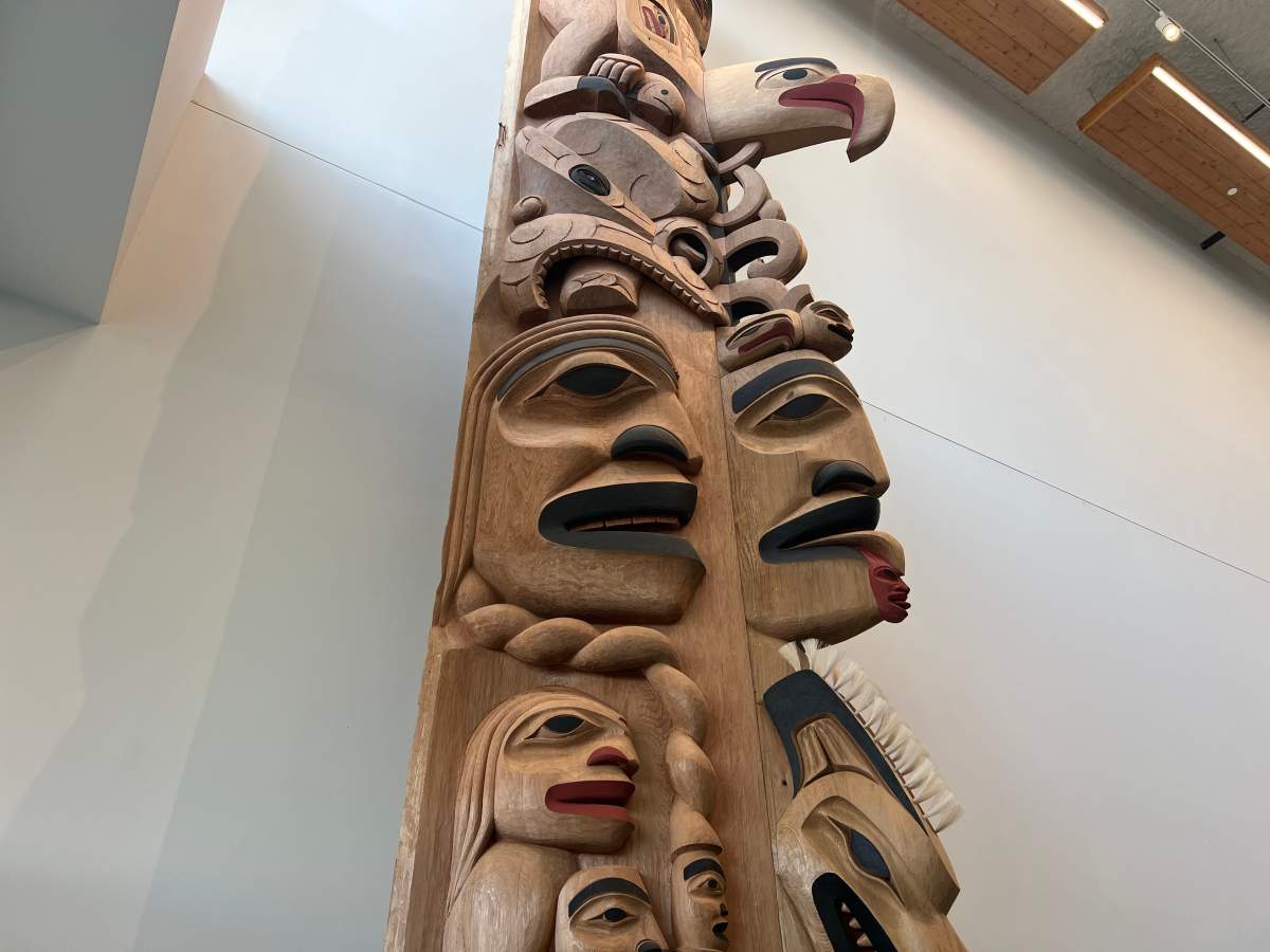 A totem pole is pictured