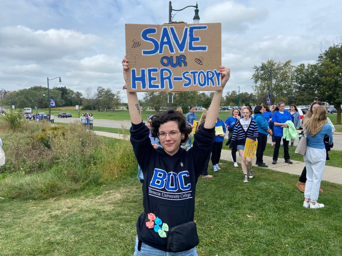 Krista Lucier graduated from Brescia University College in 2018 but returned for Wednesday’s rally.