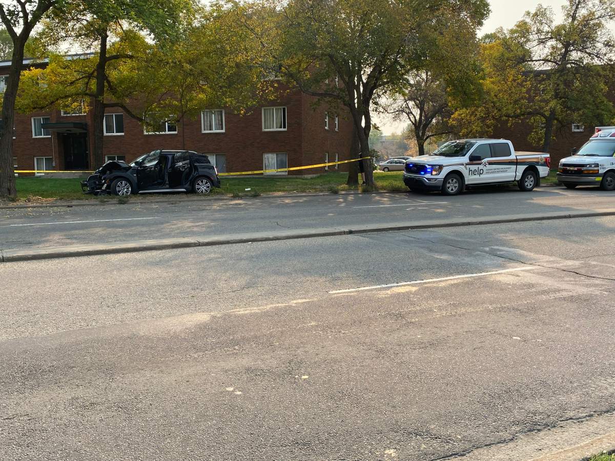 A collision has closed northbound lanes of Groat Road and 116th Avenue, Edmonton, Saturday, Sept. 16, 2023.