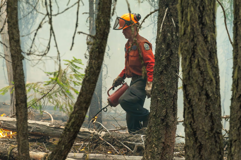 A BC Wildfire Service crew member conducts a planned ignition on the Kookipi Creek wildfire, first detected on July 8, 2023, near Boston Bar, B.C.