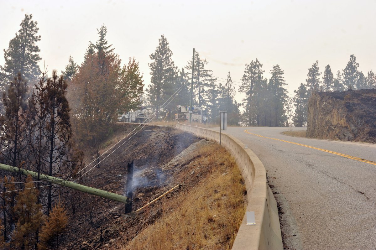 One of the many power poles damaged by the McDougall Creek wildfire.