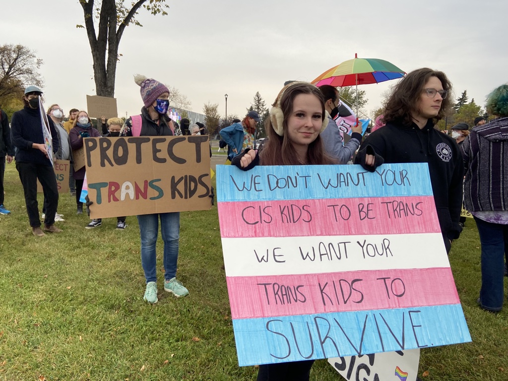 Counter-protestors at Alberta Teachers' Association headquarters in Edmonton on Wednesday, Sept. 20, 2023.