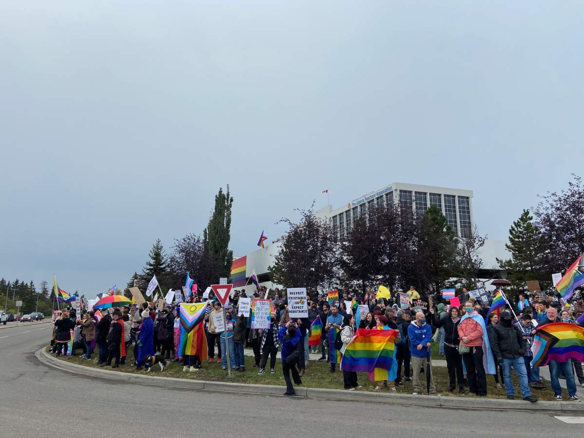 Counter-protestors at Alberta Teachers' Association headquarters in Edmonton on Wednesday, Sept. 20, 2023.