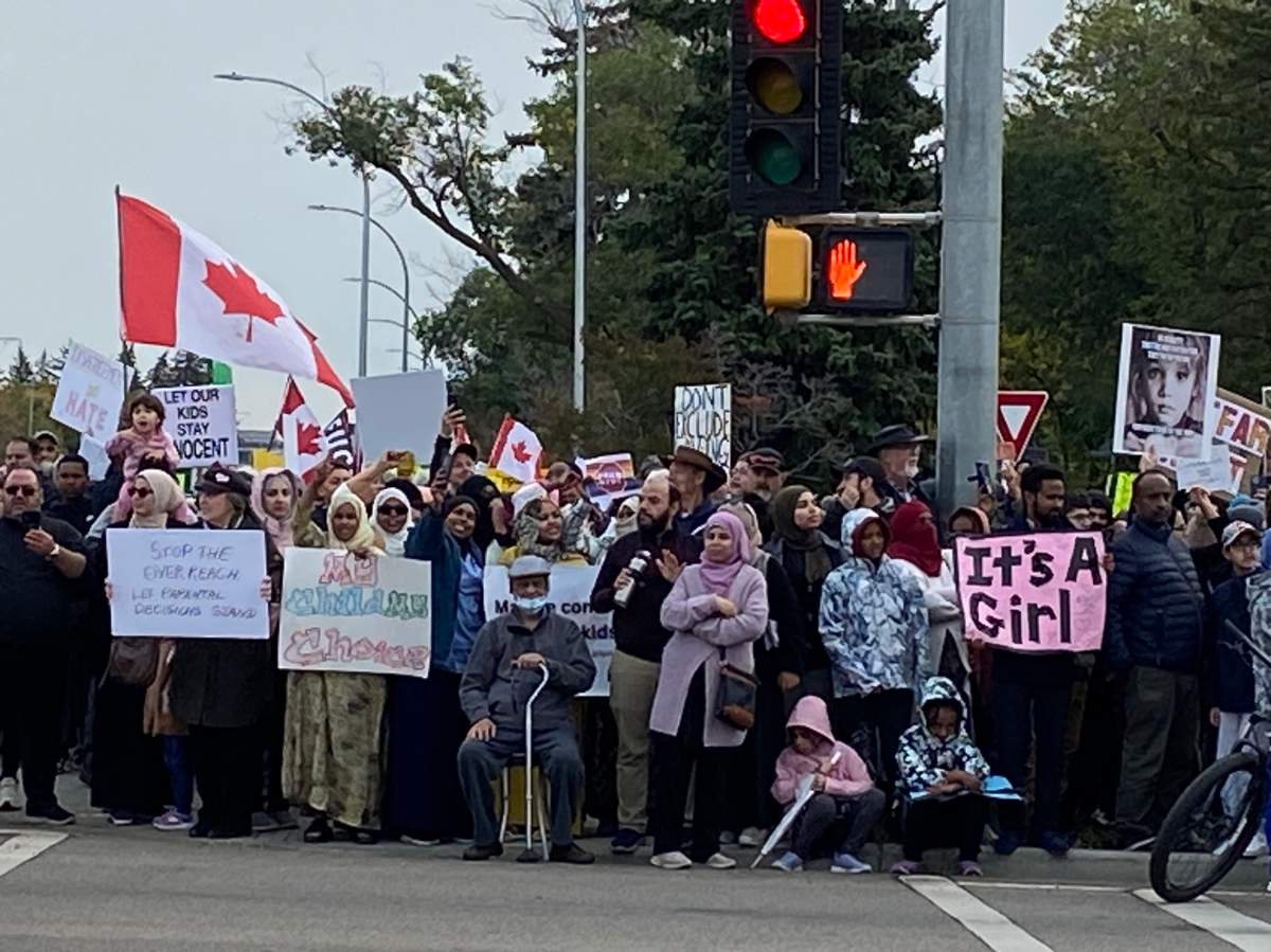 Protestors oppose sexual orientation and gender identity being taught in schools. Wednesday, Sept. 20, 2023.