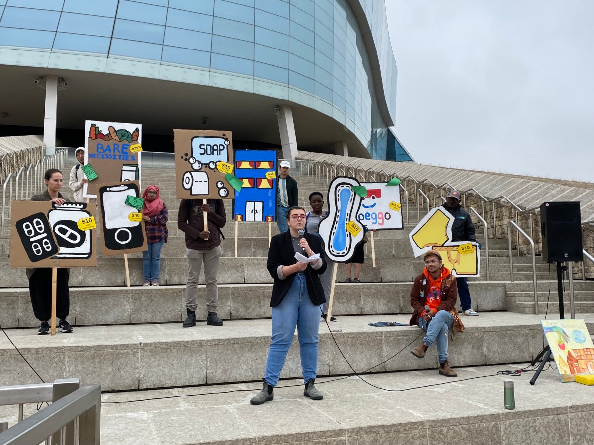 University of Manitoba students took to the steps of the Canadian Museum for Human Rights Saturday morning to call for changes to Employment and Income Assistance amid inflation and a rising cost of living.