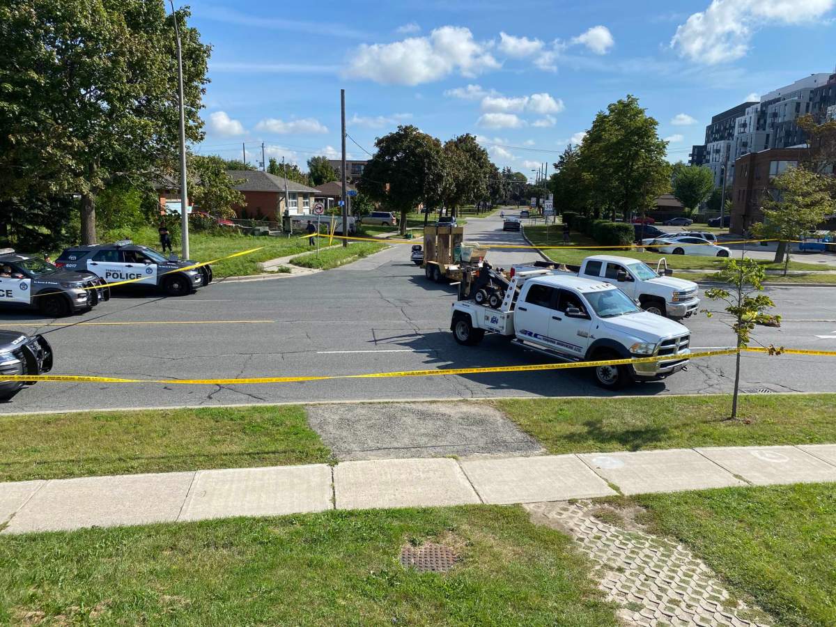 A pickup truck remains at the scene of a pedestrian-involved collision on Sept. 11, 2023.