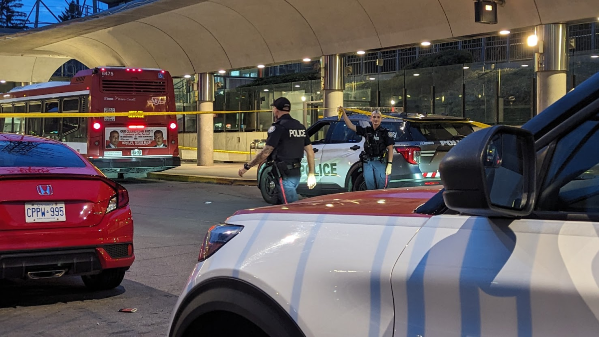 Police on scene following a stabbing at Victoria Park subway station on Sept. 17, 2023.