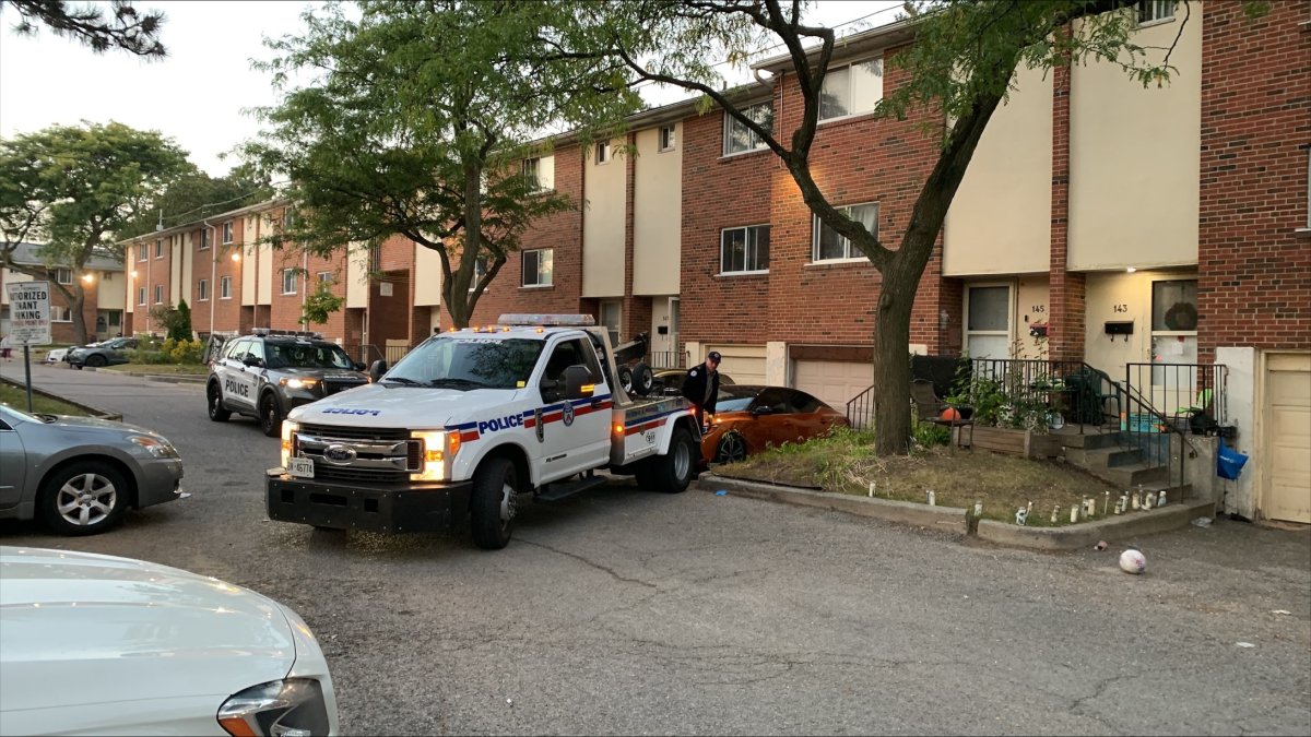 Police and a tow truck on scene following a shooting in Scarborough. A man has critical injuries after the shooting, which took place about 11:17 p.m. in the Morningside Avenue and Danzig Street area.