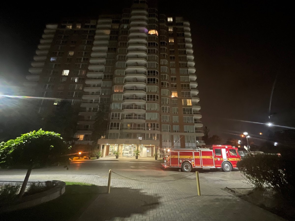 Fire crews outside of the high-rise building on McLevin Avenue on Sept. 28, 2023.