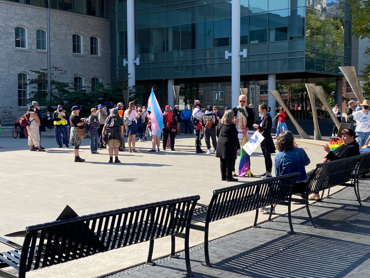 People gathered outside of Guelph City Hall on Sept. 20, 2023.