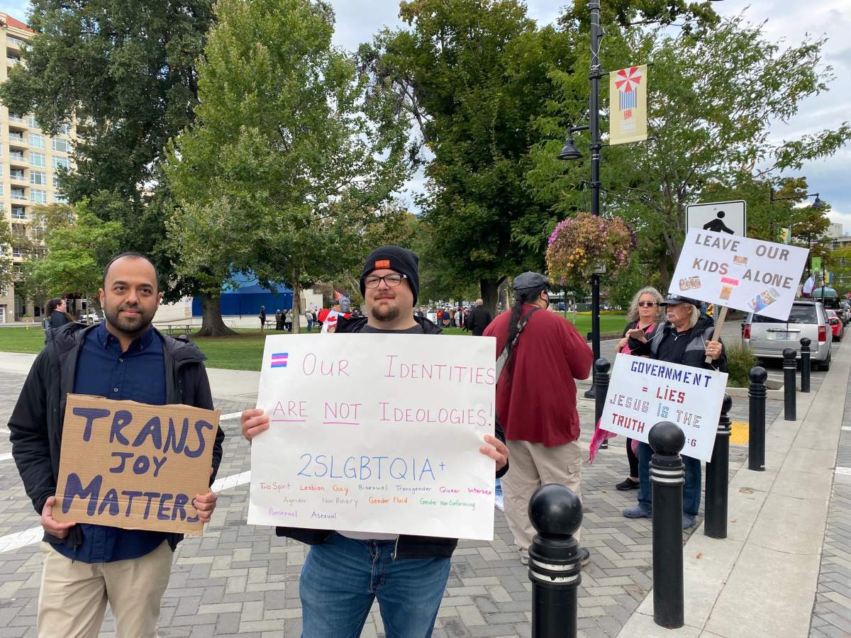 A SOGI protest and counter protest also took place in Penticton, B.C., on Wednesday.