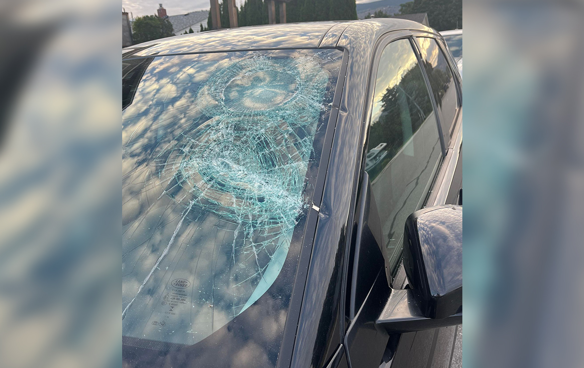 One of the vehicles that was damaged during a vandalism spree in Penticton, B.C., on the night of Tuesday, Sept. 5, 2023.