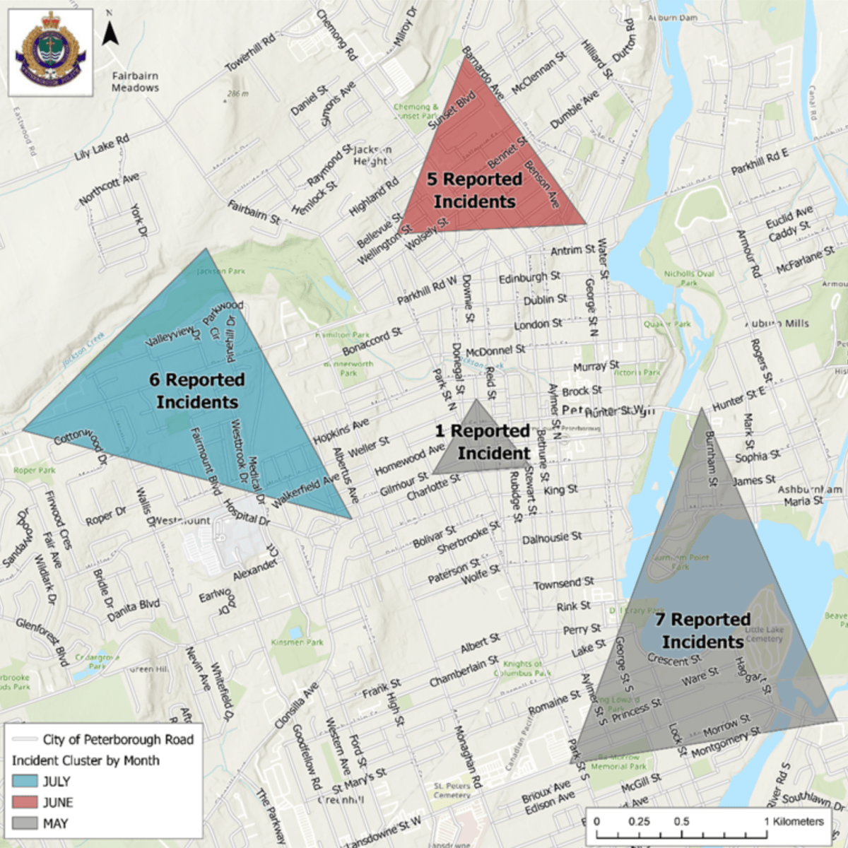 A map of where antisemitic flyers have been found across Peterborough, Ont., since May 2023.