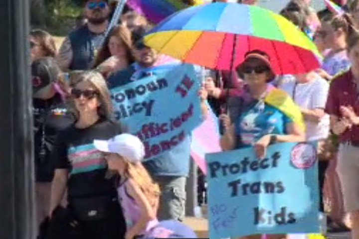 Protestors in Regina calling for student pronoun and sex education policy to be rescinded