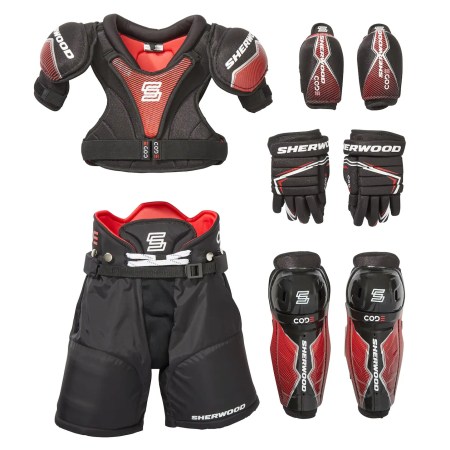 Hockey protective gear including chestpad, shorts, elbow pads, shin guards and gloves