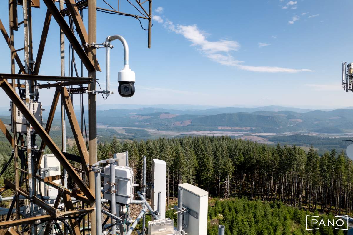 A Pano AI wildfire-detecting camera is mounted to a 5G tower on Signal Peak, Wash.