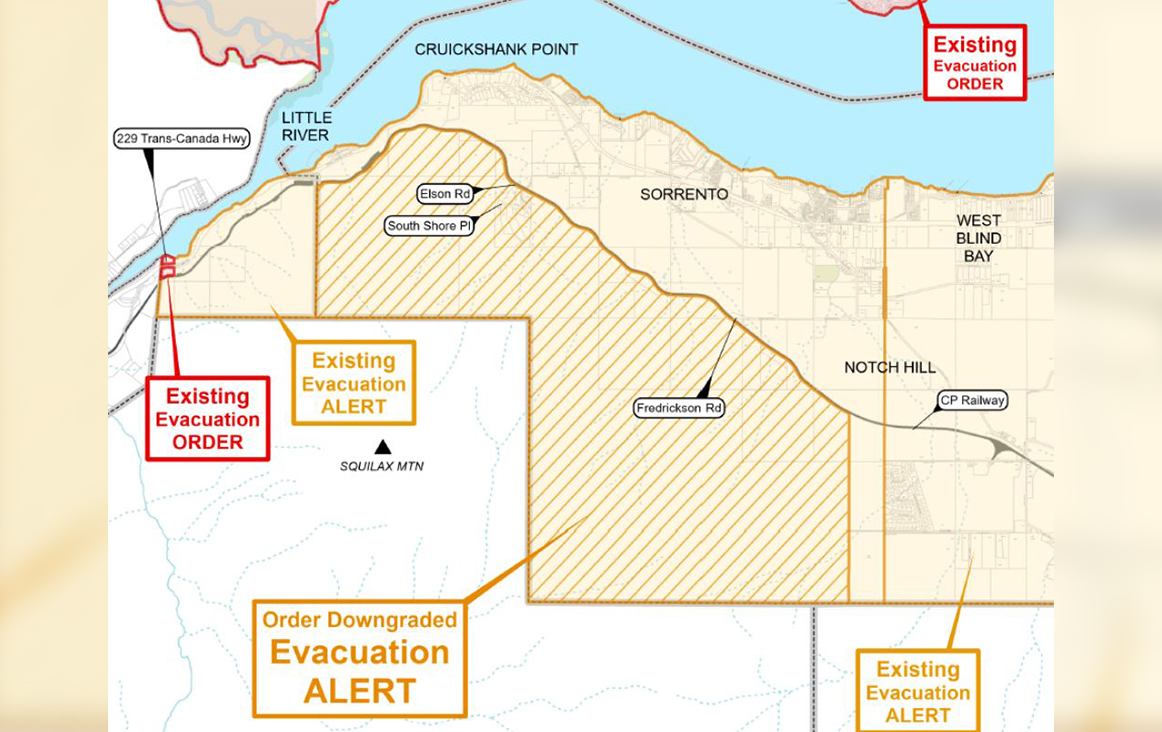 A map showing evacuation alerts around the unincorporated community of Sorrento in B.C.’s Shuswap region.