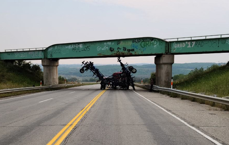 On Thursday, Spruce Plains RCMP got a report that a semi-trailer loaded with farm equipment that was too tall got stuck under an overpass on Highway 10 near Minnedosa.