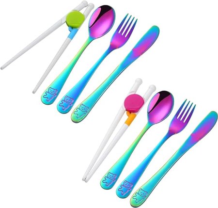 Two sets of stainless steel cutlery that is multi coloured. Includes fork, knife, spoon and chopsticks