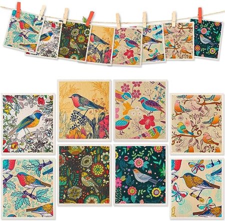 package of eight sweedish dish clothes with various nature and bird prints