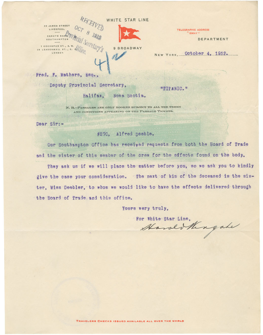 The White Star Line wrote to Nova Scotia's deputy provincial secretary to ask for Deeble's effects on behalf of his sister.
