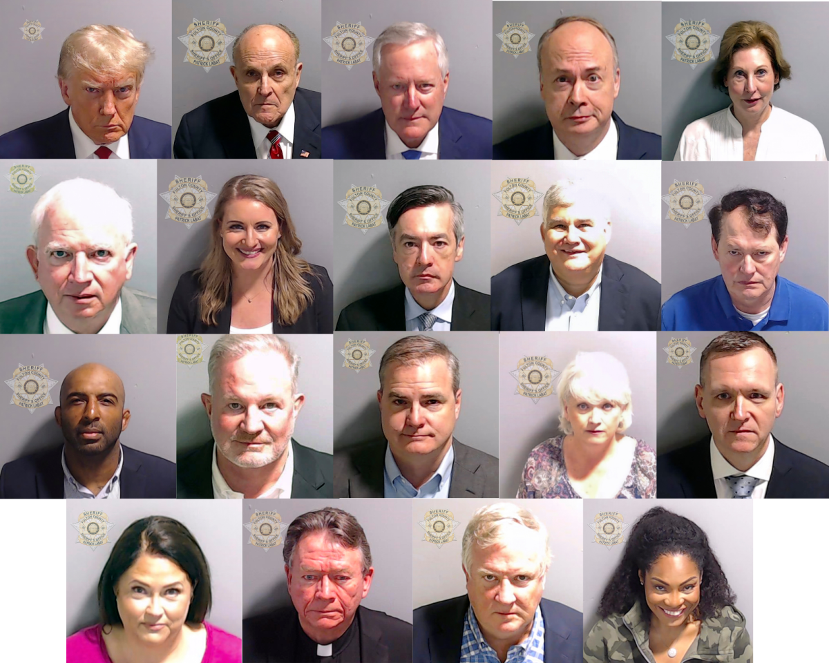 The booking photos released by the Fulton County Sheriff’s Office showing the 19 defendants in the Georgia election conspiracy case.Top row, left to right: Donald Trump, Rudy Giuliani, Mark Meadows, Jeffrey Clark, Sidney Powell.Second row: John Eastman, Jenna Ellis, Kenneth Chesebro, David Shafer, Ray Smith.Third row: Floyd Harrison, Scott Hall, Shawn Still, Cathleen Latham, Michael Roman.Bottom row: Misty Hampton, Stephen Lee, Robert Cheeley, Trevian Kutti.