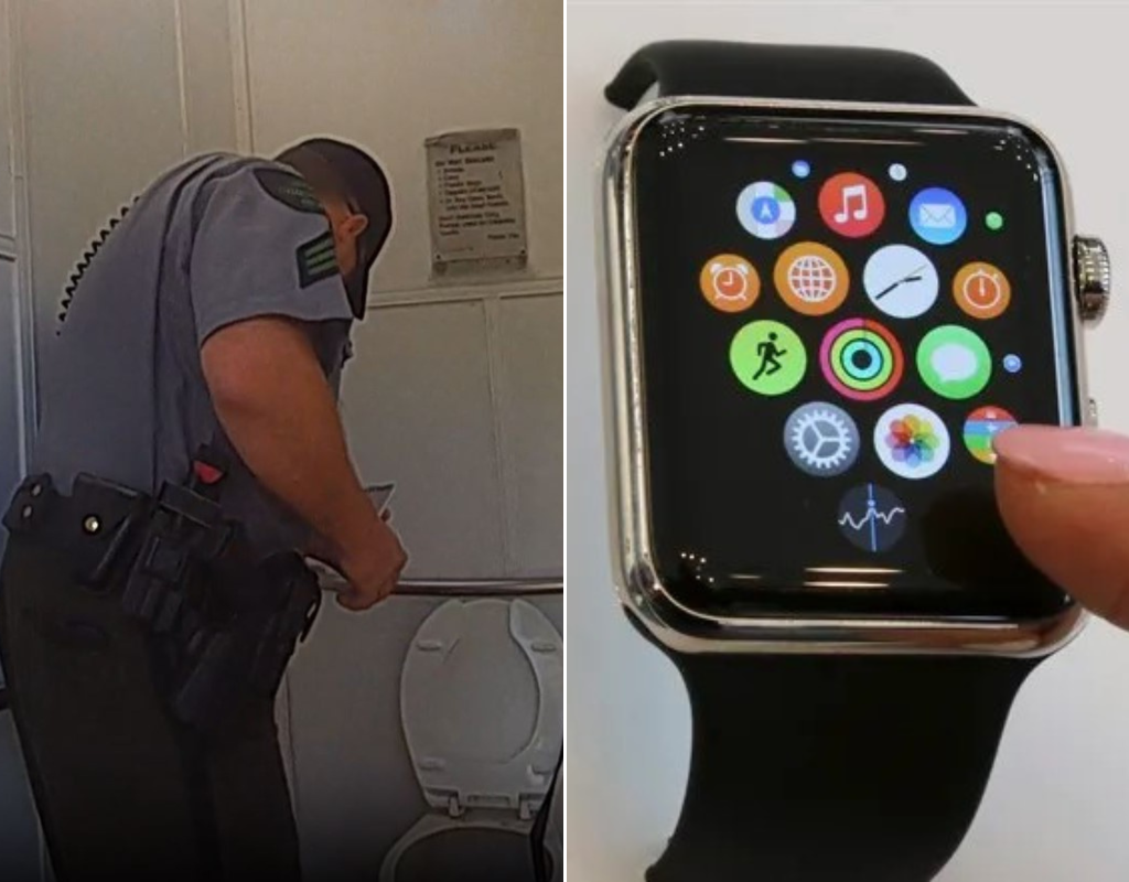 A group of first responders had to haul a woman from the depths of an outhouse after she climbed in to retrieve her Apple Watch, which she had dropped.