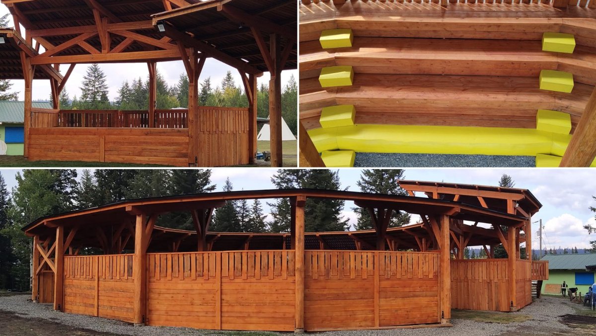 A collage of images of a powwow arbour