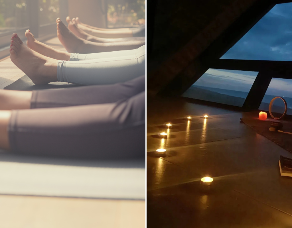 Split screen image of people in corpse pose alongside a photo from inside the North Sea Observatory, where police were called to the scene of a yoga class that was mistaken as a ritual mass murder in progess.
