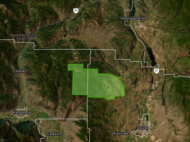 A map showing the lifted evacuation alert for the Upper Park Rill Creek wildfire in the South Okanagan.
