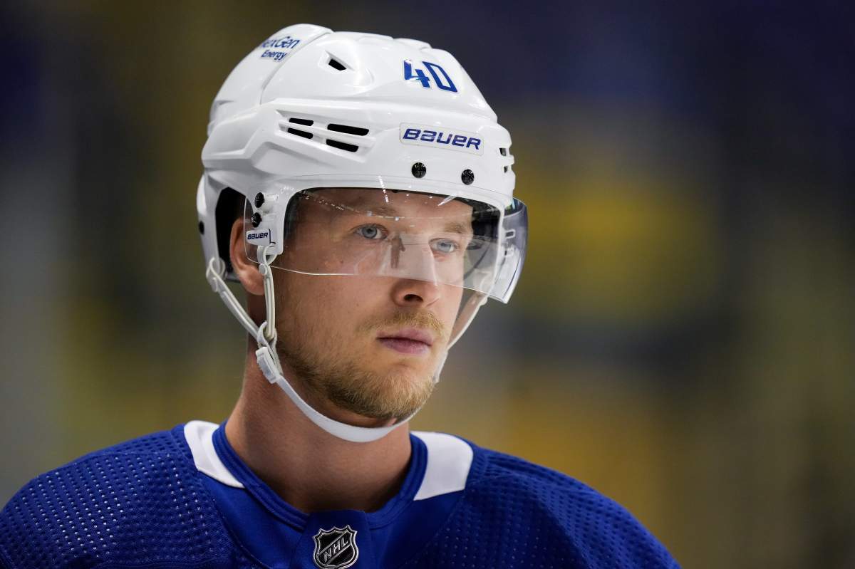 Elias Pettersson of the Vancouver Canucks looks on during training camp action in Victoria.