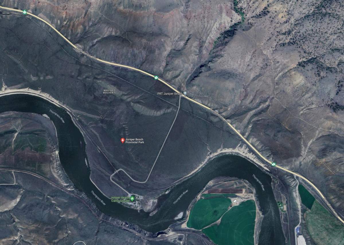A map showing the approximate location of the fatal head-on crash, which occurred between Kamloops and Cache Creek.