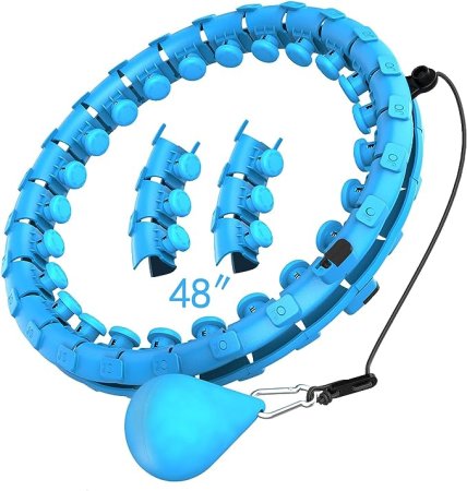 Blue plastic adjustable ring to go around your waist with a weighted ball attached