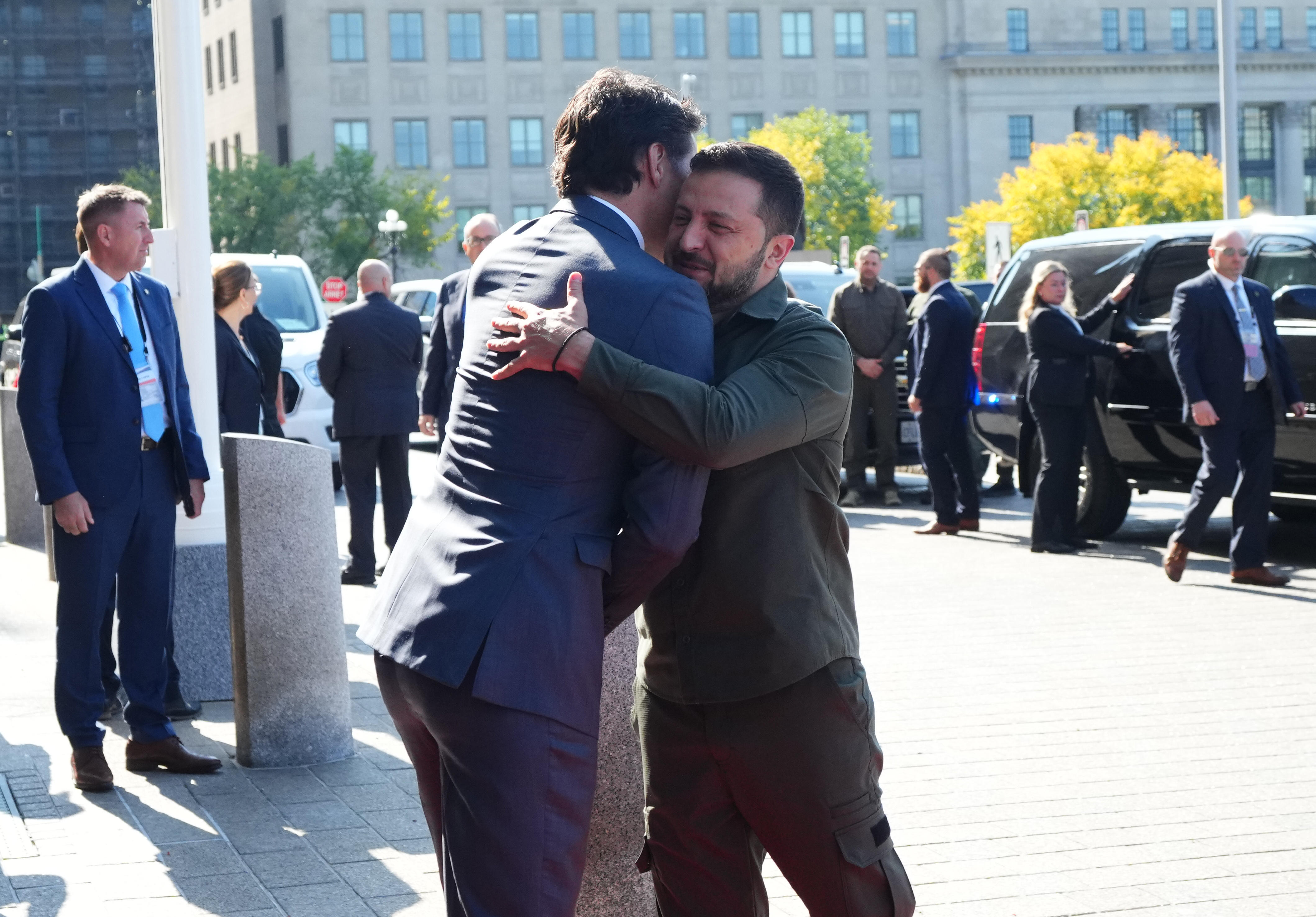 Prime Minister Justin Trudeau hugs Ukrainian President Volodymyr Zelenskyy as he arrives on Parliament Hill on Friday, September 22, 2023.