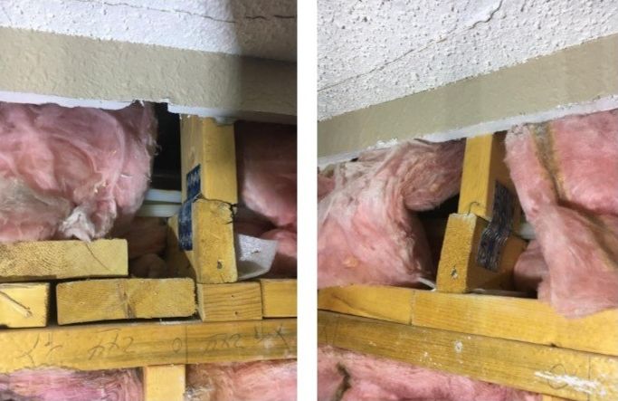 Framing issues identified during a structural engineer assessment of the Castledowns Pointe condo building (12618 152 Ave.) in August 2023.