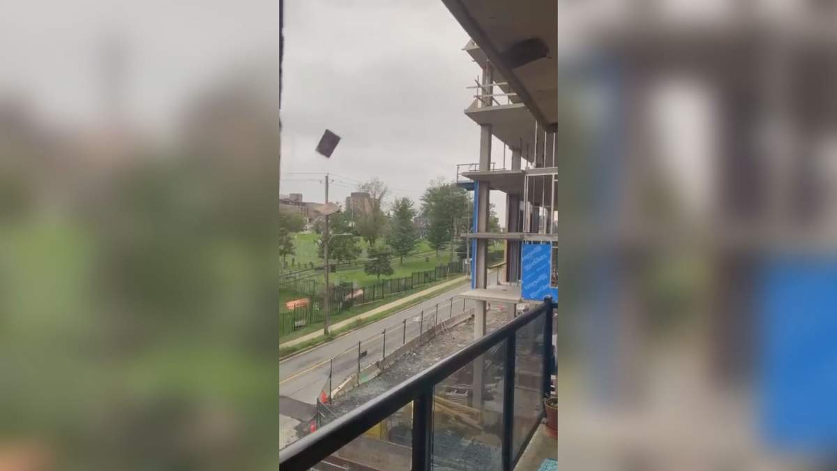 Debris could be seen coming from the building on Saturday