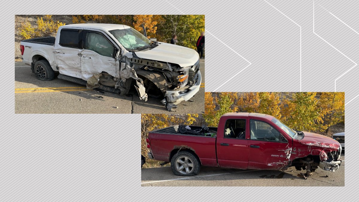 The two trucks Cochrane RCMP said were involved in a head on collision on Sept. 28, 2023. RCMP are urging caution on roadways during the long weekend.