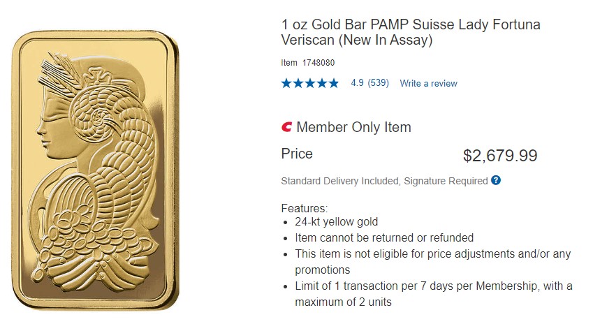 A view of the gold bar listing, as it appears on Costco.ca.