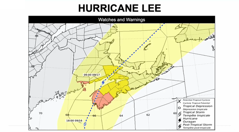 Hurricane and tropical storm watches are in effect for parts of Nova Scotia and New Brunswick.