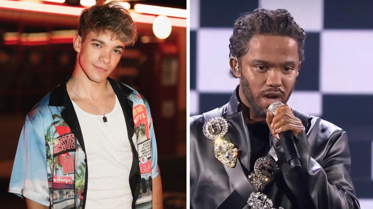 A split image. On the left is Kuba Szmajkowski. On the right Kuba Szmajkowski is in blackface during his Kendrick Lamar performance.