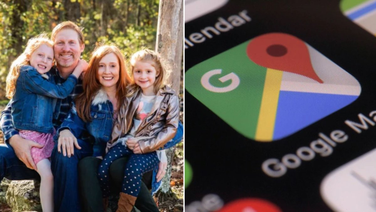 A split image. On the left is the Paxton family. On the right is the Google Maps app.