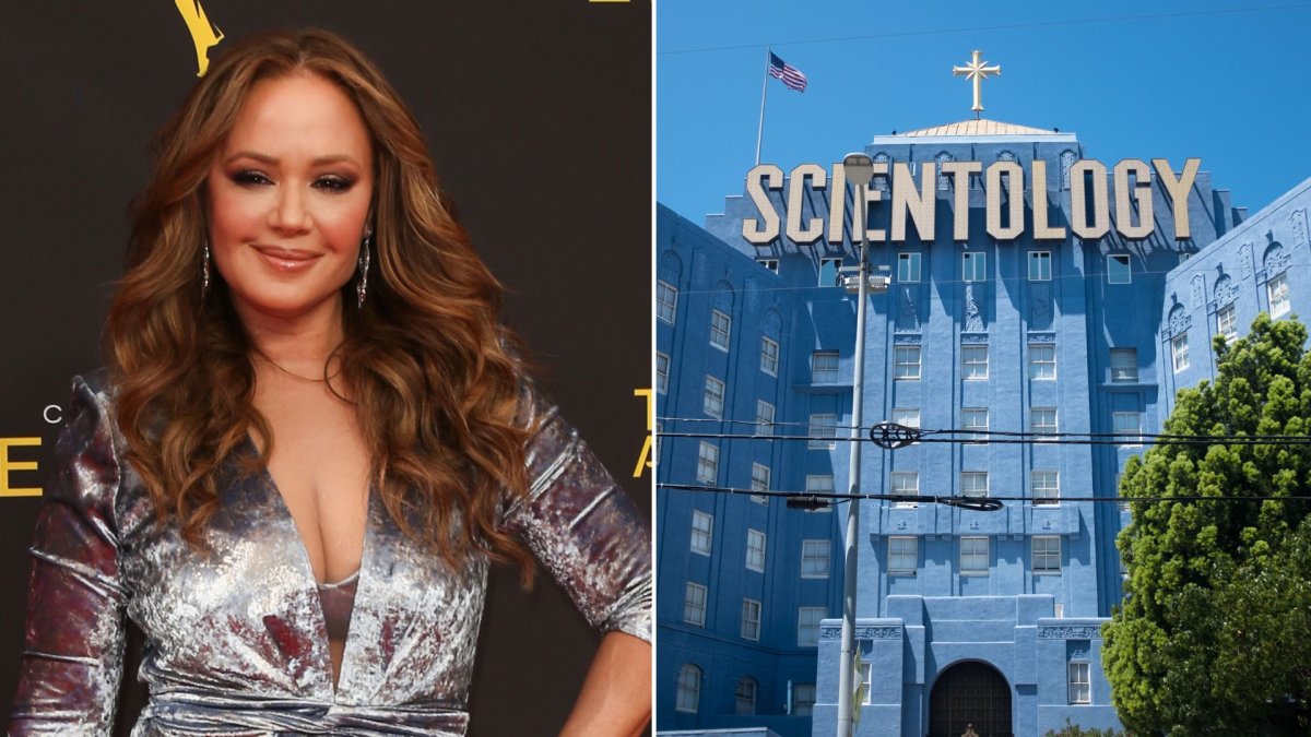 A split photo. On the left is Leah Remini. On the right is the Church of Scientology building in Hollywood.