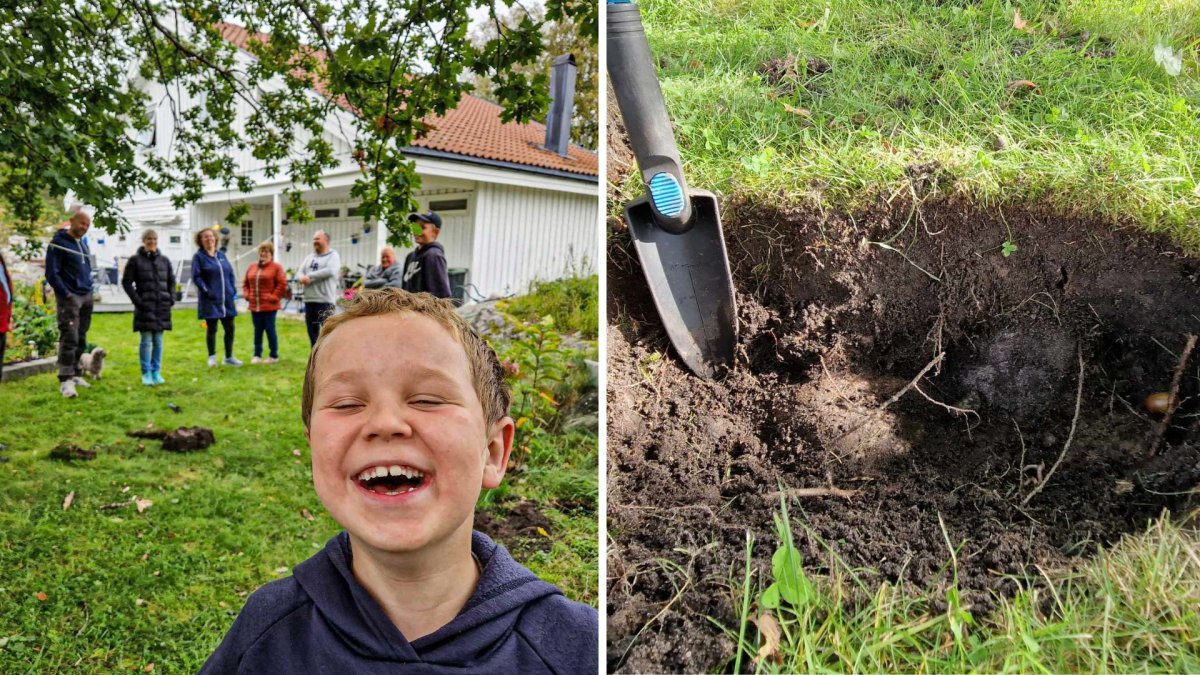 A split image. On the left is the Aasvik family in their yard. On the right is the hole dug in the family's yard to find the artifacts.