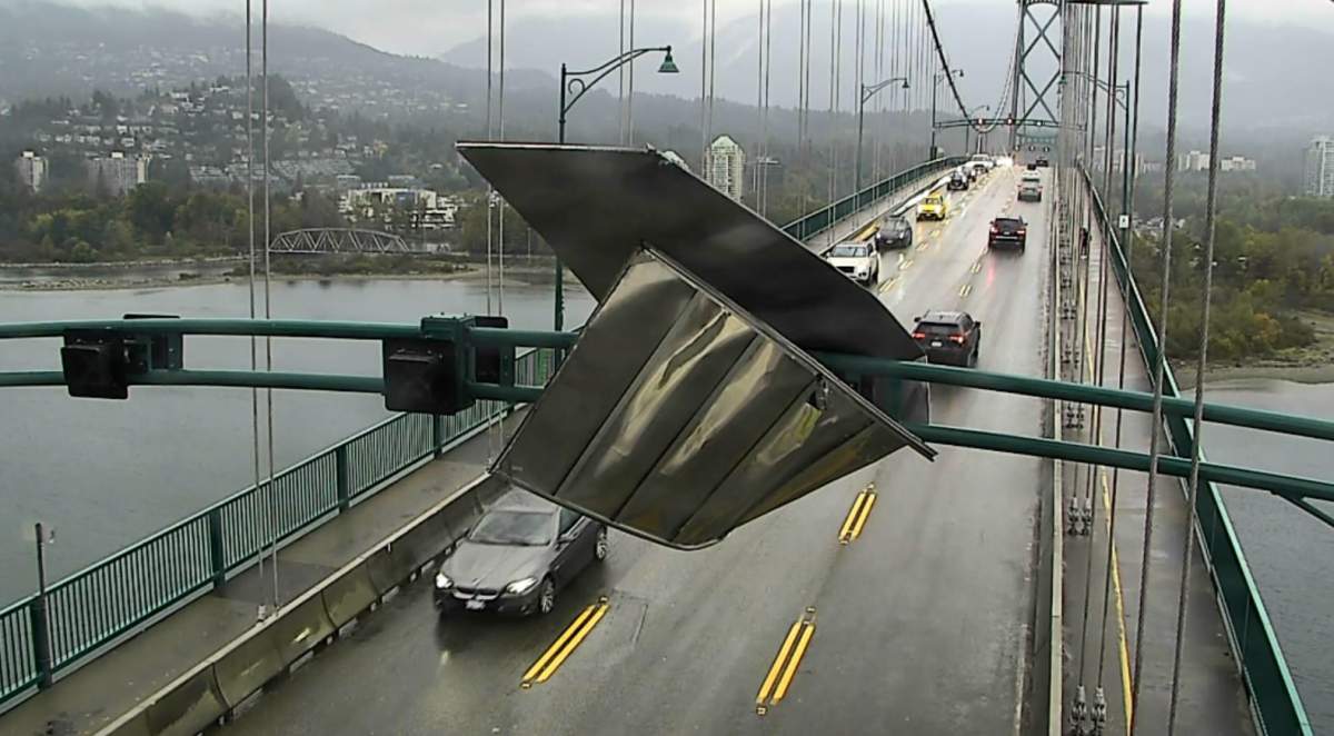 A large piece of metal seen caught on the Lions Gate Bridge on Monday, Sept. 25, 2023. 