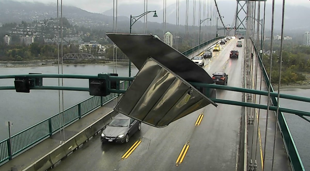 A large piece of metal seen caught on the Lions Gate Bridge on Monday, Sept. 25, 2023. 