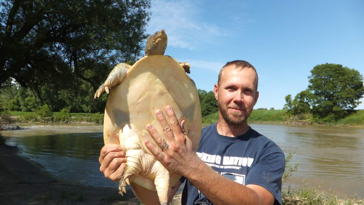 A man holds a large turtle outdoors.
